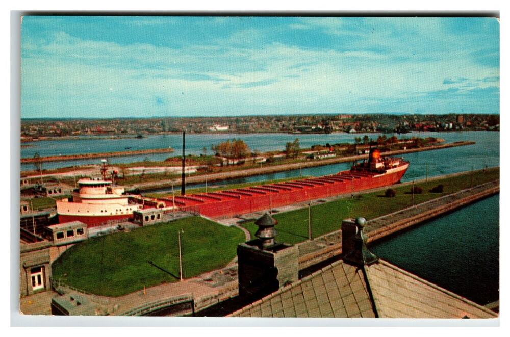 Sault Ste Marie MI Giant Ore Boat Entering Soo Locks Colorslide Postcard